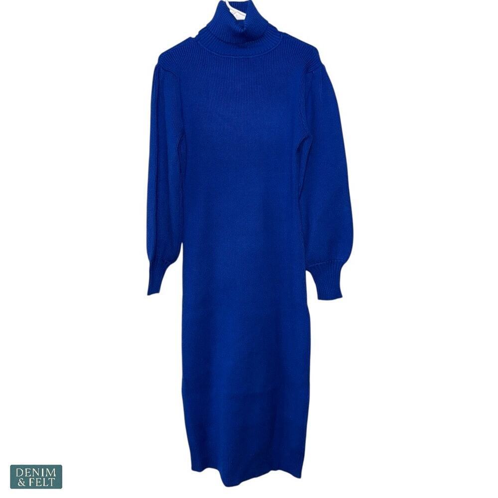 Farm Rio Bright Blue Ribbed Knit Heart Cutout‎ Turtleneck Sweater Midi Dress NEW - Picture 11 of 16